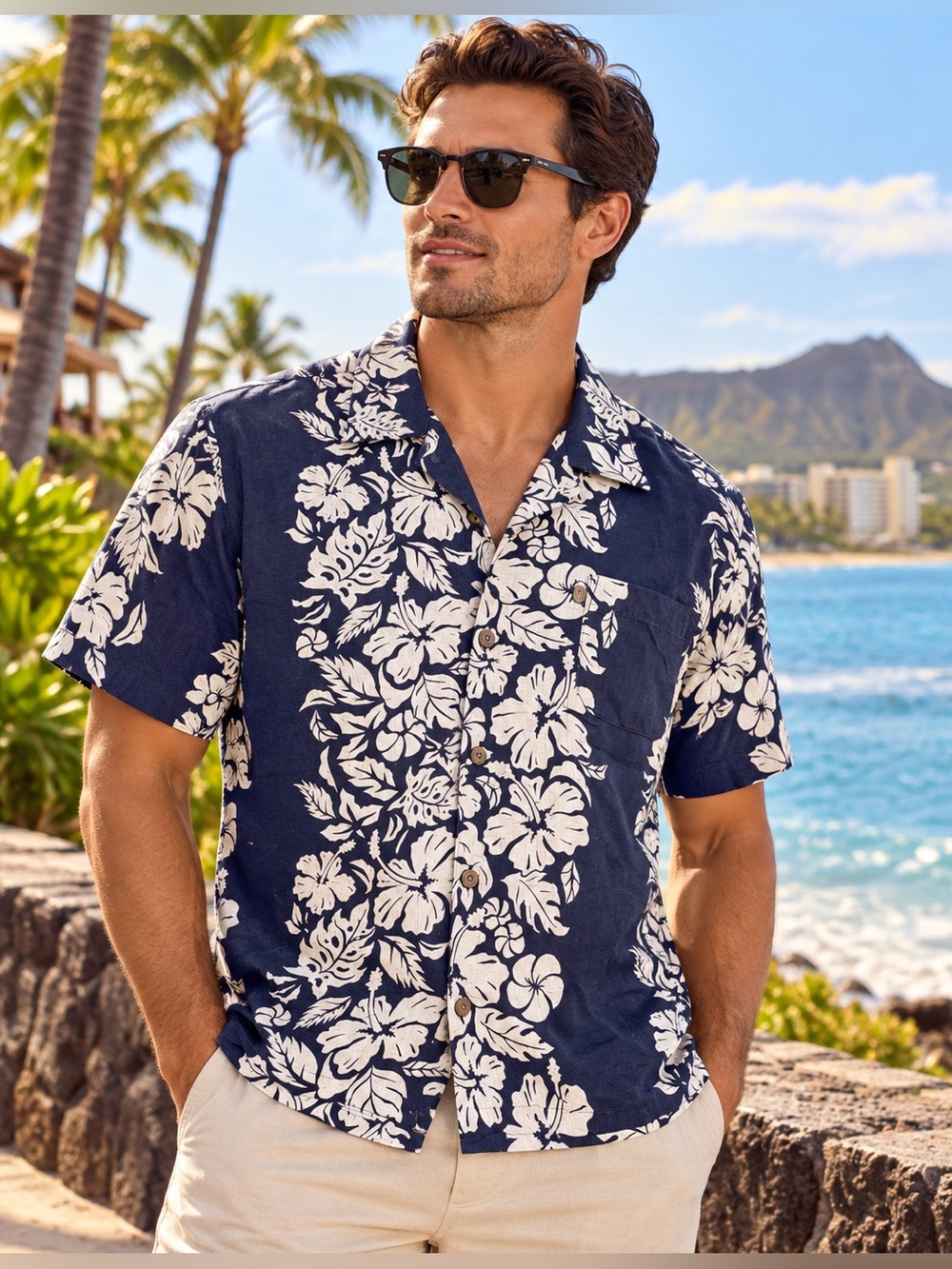 Pineapple Connection Hawaiian Shirt Mens M Navy Blue White Floral Rayon Short Sl